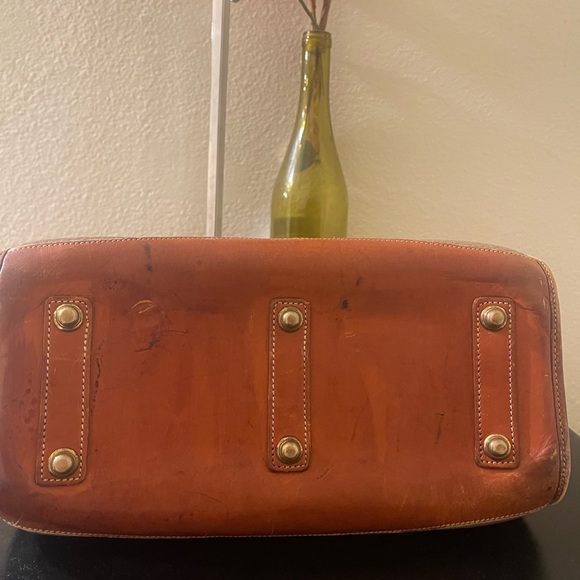 Dooney & Burke Taupe Leather Satchel w/ Cognac Handles & logo charm w/feet - Picture 4 of 6